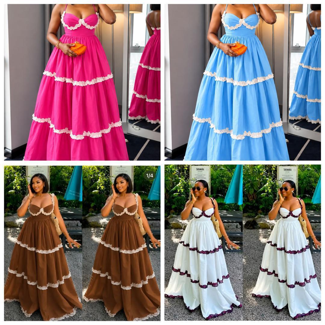 Robe longue évasée à bretelles et volants festonnés